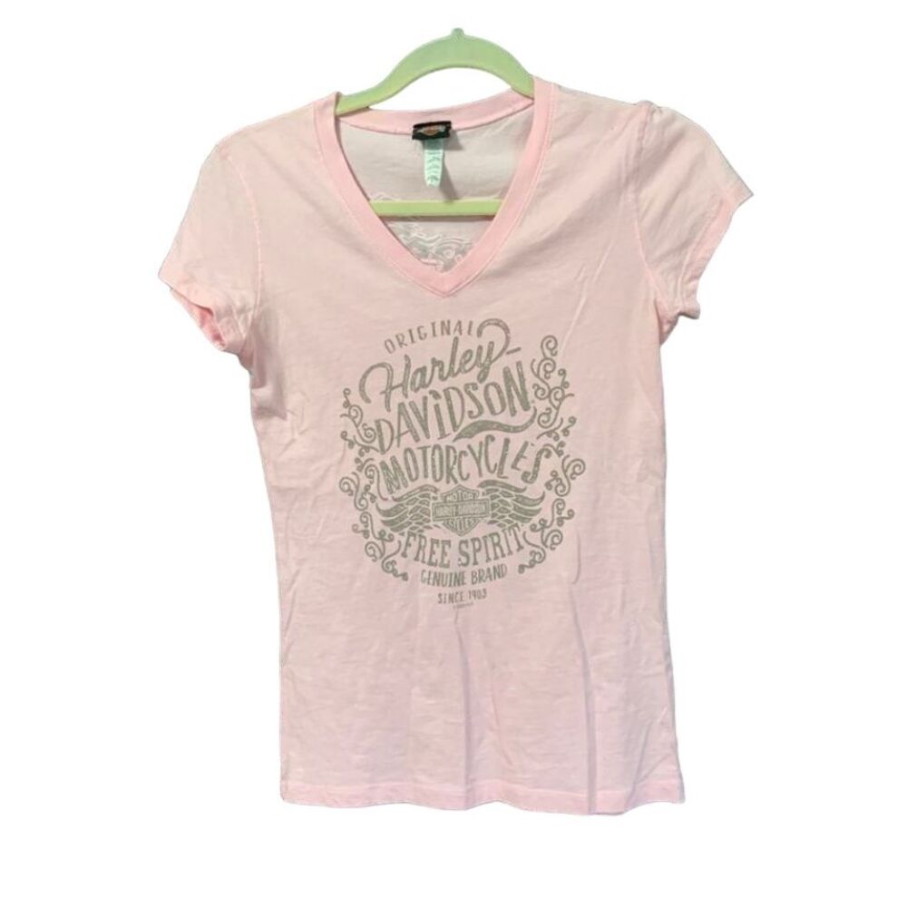 Harley Davidson Motorcycle v-neck pink t-shirt with Silver Studs size Small